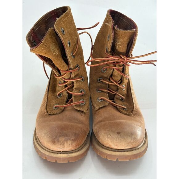 Timberland Work Boots Pendleton Fold Down Women Size 6.5 Tan Red Plaid Flannel - Picture 3 of 9